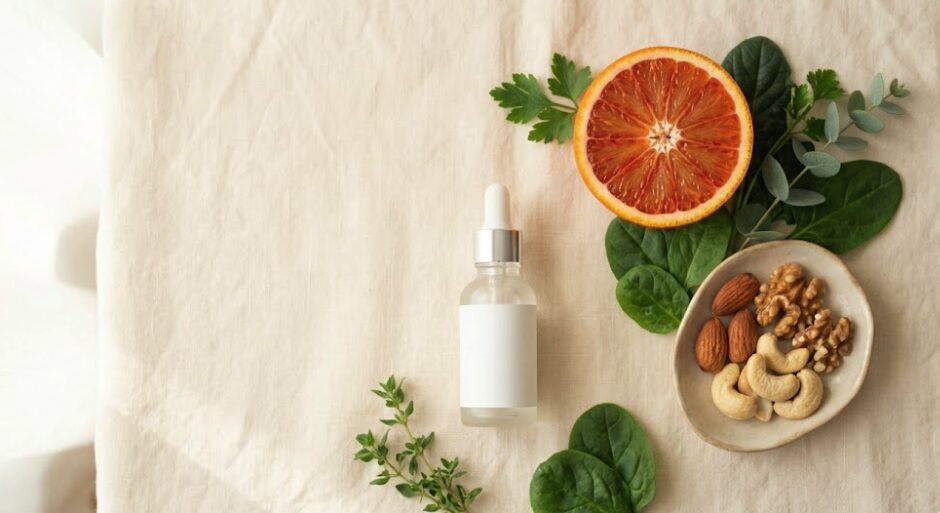 Boost collagen naturally serum with citrus and greens flat lay