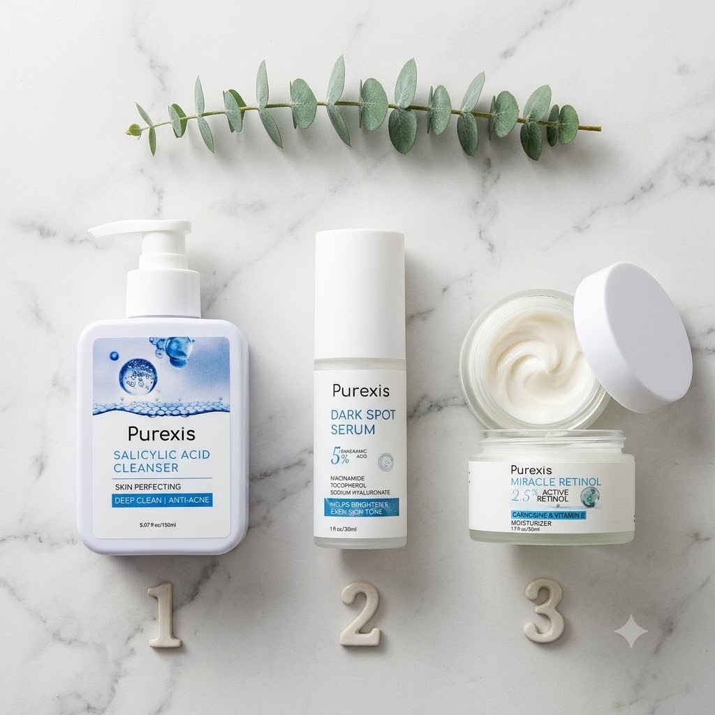 Three-step even-tone skincare routine: cleanser, serum, night cream
