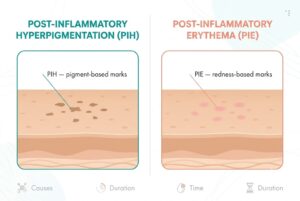 Diagram comparing PIH brown marks and PIE red marks after acne