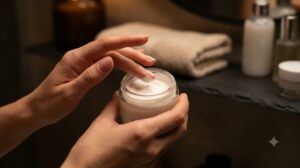 Applying a pro-retinol night cream as the final evening step