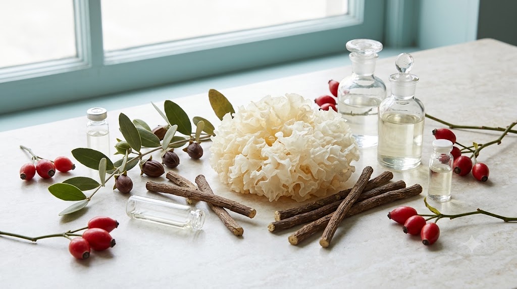 Skincare supporting ingredients: tremella, licorice root, rosehip, jojoba